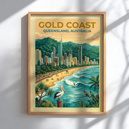 Travel poster of Gold Coast Queensland featuring high-rise buildings, sandy beach, pelican and parrots.