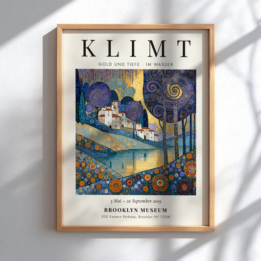Poster inspired by Gustav Klimt featuring swirling trees and shimmering waters in gold and blue tones.