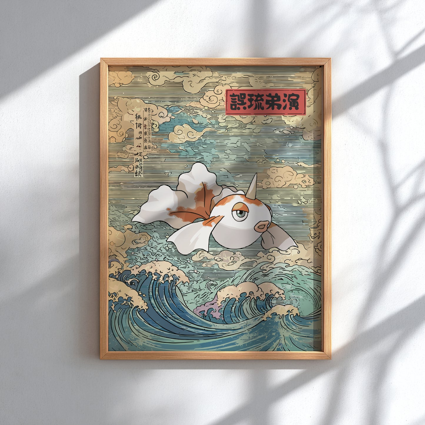 Framed artwork of Goldeen Pokemon in waves with traditional design elements on a white wall.