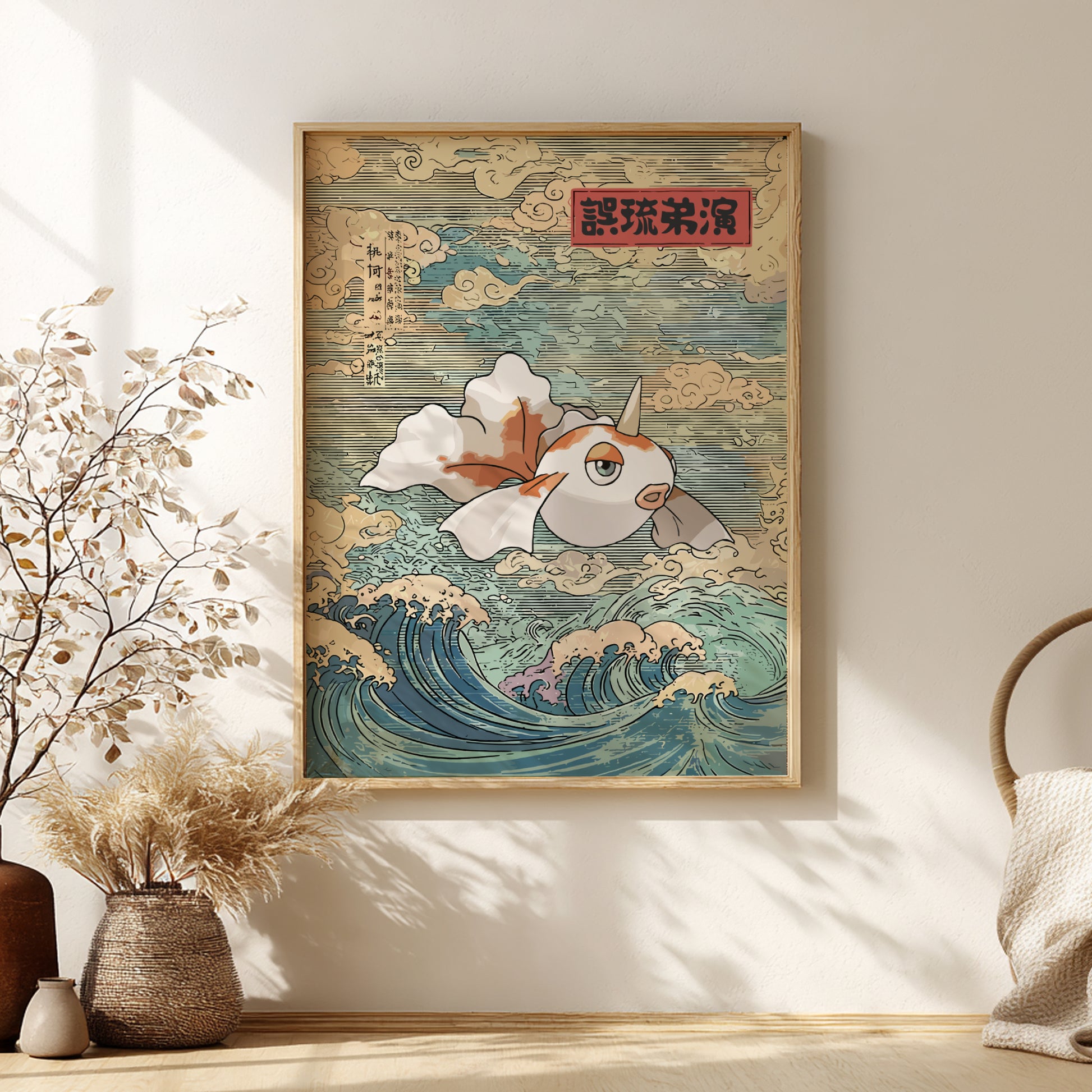 Framed artwork of Goldeen Pokemon with traditional design elements on a wall.