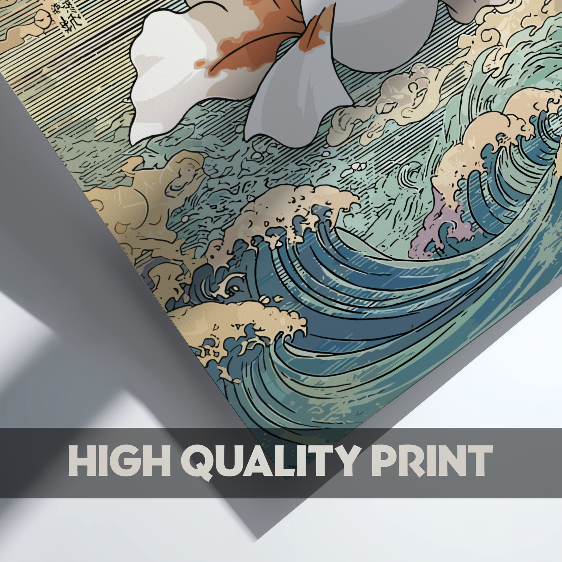 Famous artwork of a wave with Goldeen Pokemon, labeled 'High Quality Print'.
