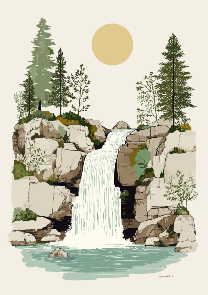 Illustration of a waterfall surrounded by rocks and trees with a sun in the background.