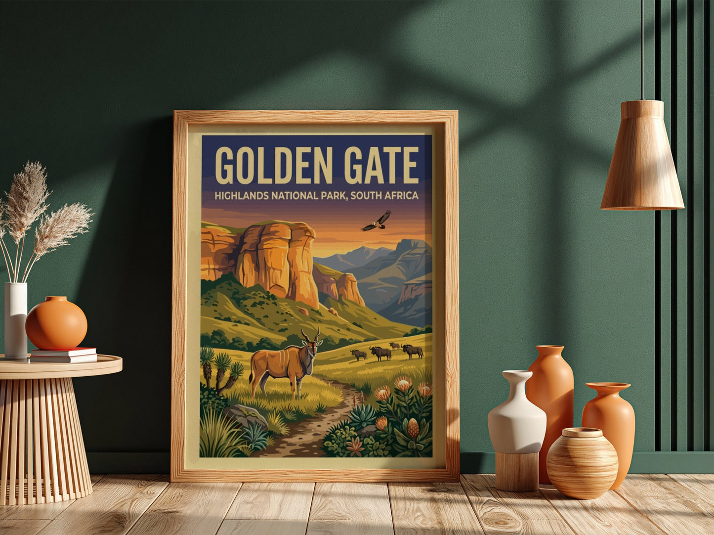 Golden Gate poster featuring vibrant landscape art with cliffs and wildlife in warm colors