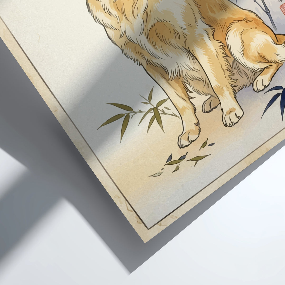 Poster of a golden retriever sitting calmly beside stylized bamboo in Japanese woodblock style