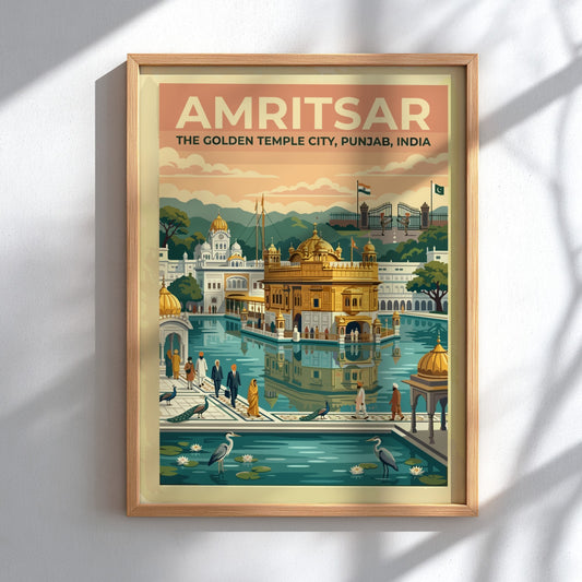 Travel poster of Amritsar The Golden Temple City in India with warm vintage colours.