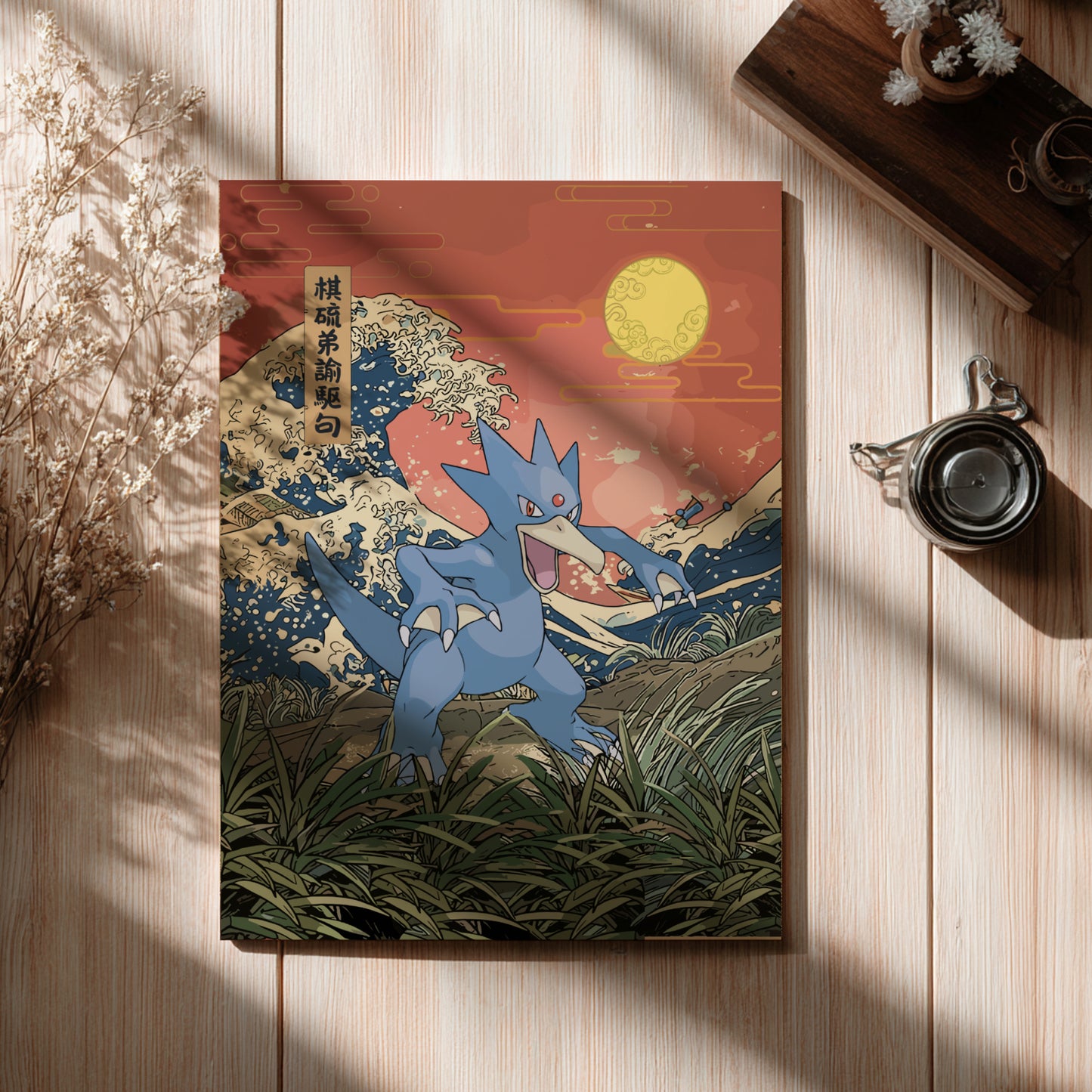 Poster with a Golduck Pokemon design on a wooden surface