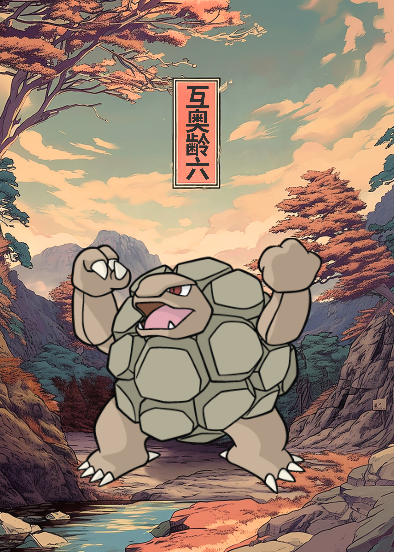 Golem Pokemon in a forest setting with stylized trees and mountains.