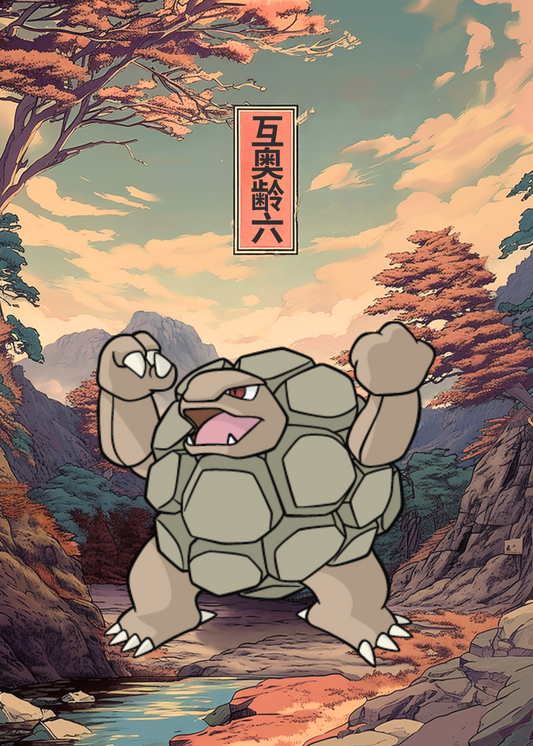 Golem Pokemon in a forest setting with stylized trees and mountains.
