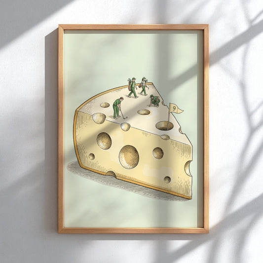 Poster featuring tiny golfers playing on a large, porous wedge of Swiss cheese.