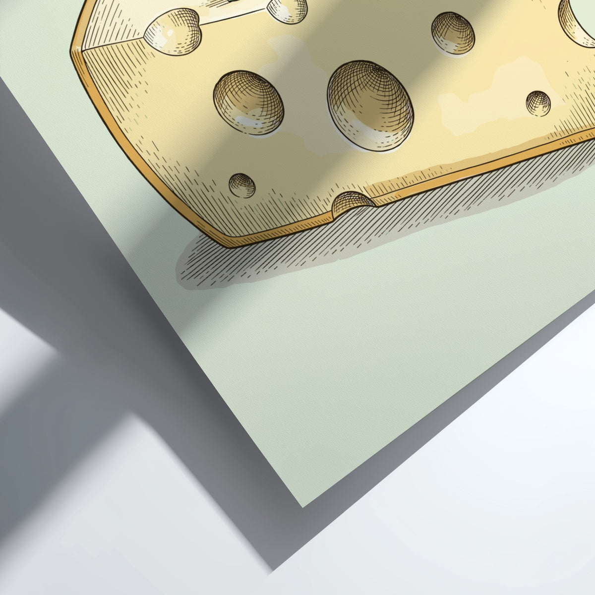 Poster featuring tiny golfers playing on a large, porous wedge of Swiss cheese.