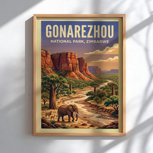 Gonarezhou National Park poster featuring an elephant, river, and vibrant landscape in warm tones