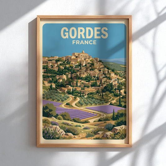 Poster of Gordes France featuring a hilltop village above lavender fields and trees.