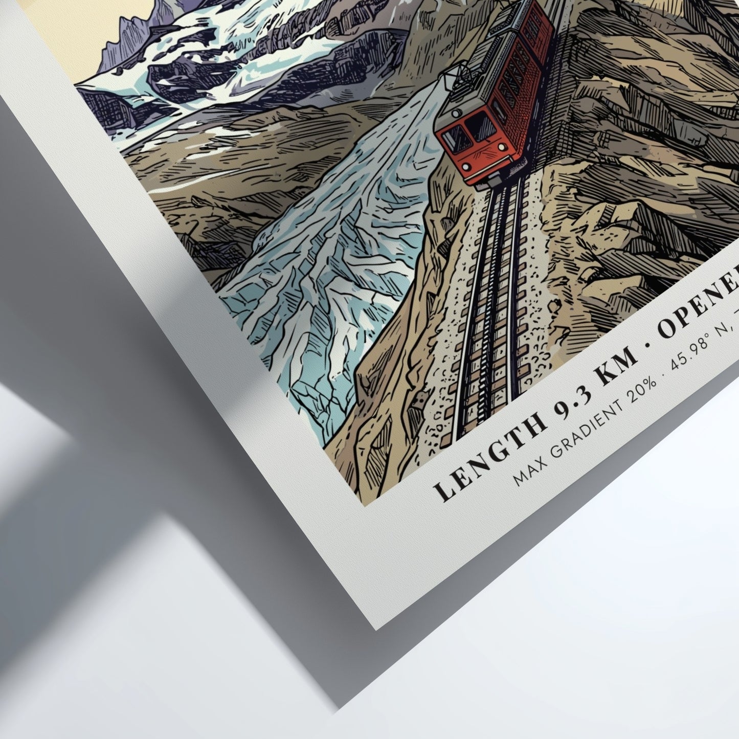 Poster of a red train climbing the Gornergrat mountain towards the snowy Matterhorn peak.