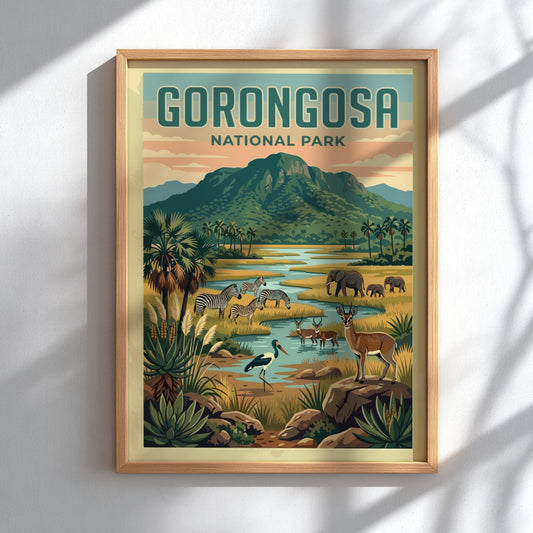 Gorongosa National Park poster featuring wildlife and landscapes in vibrant colors