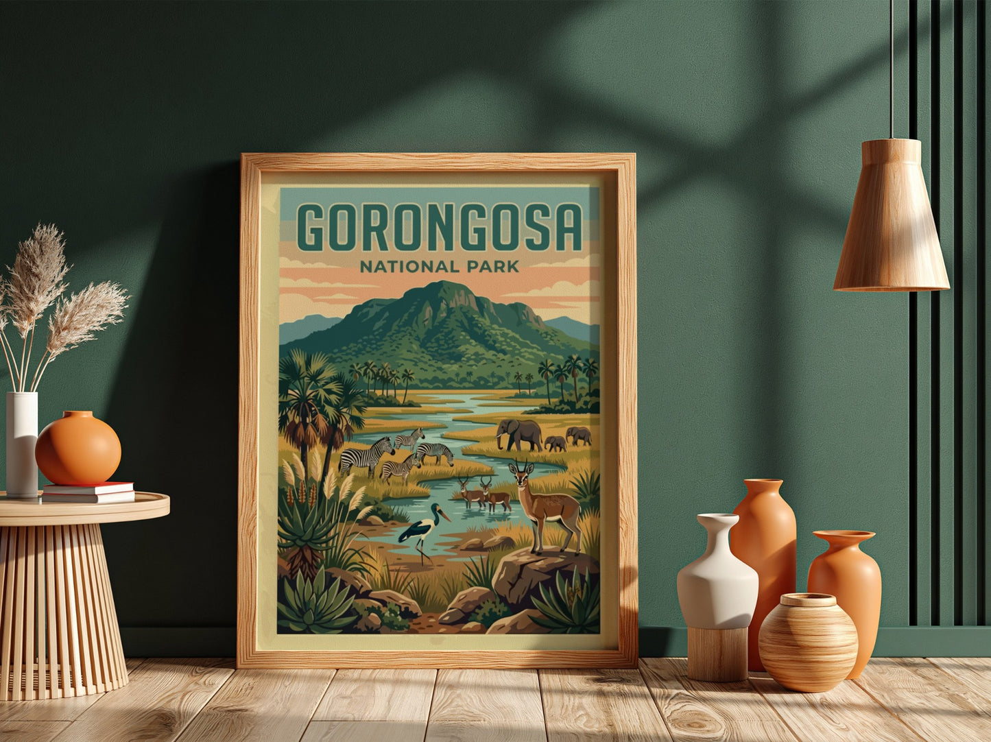 Gorongosa National Park poster featuring wildlife and landscapes in vibrant colors