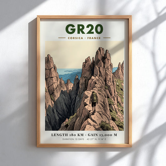 Poster featuring the GR20 Corsica hiking trail with jagged mountains and a lone hiker.