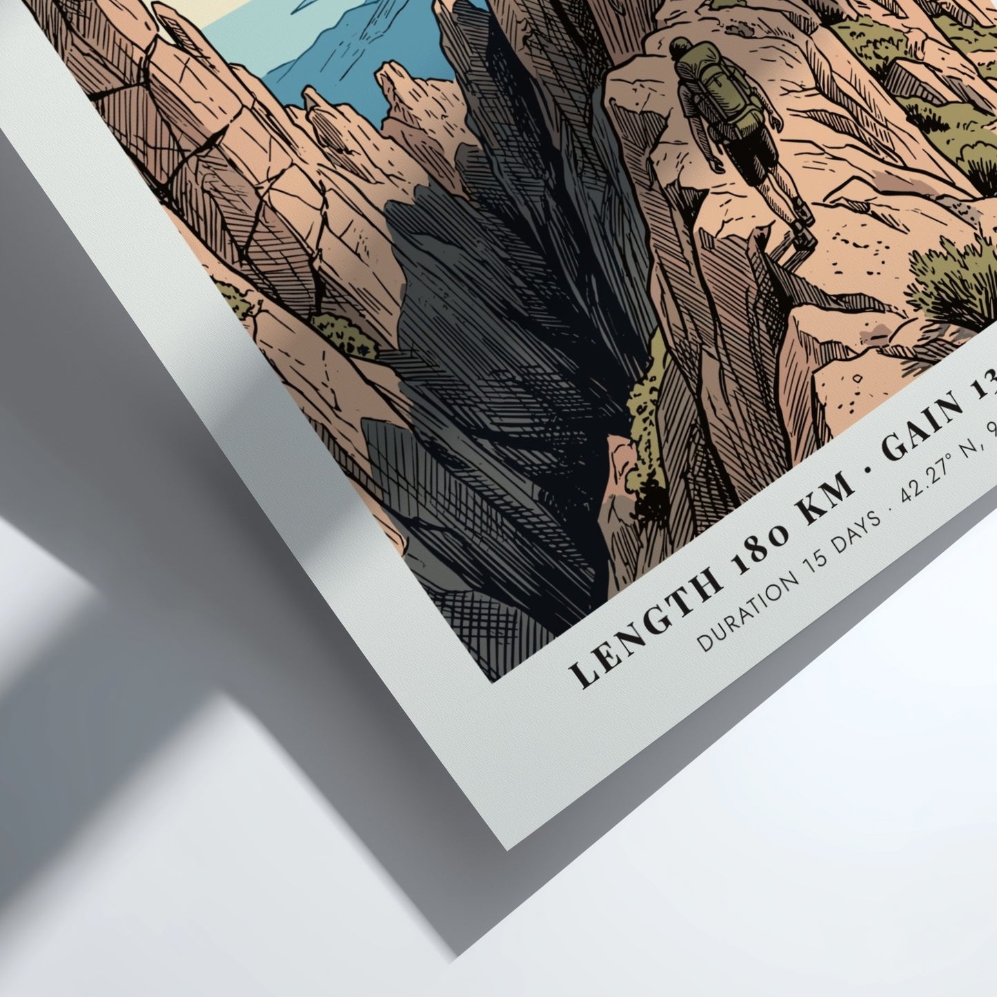 Poster featuring the GR20 Corsica hiking trail with jagged mountains and a lone hiker.