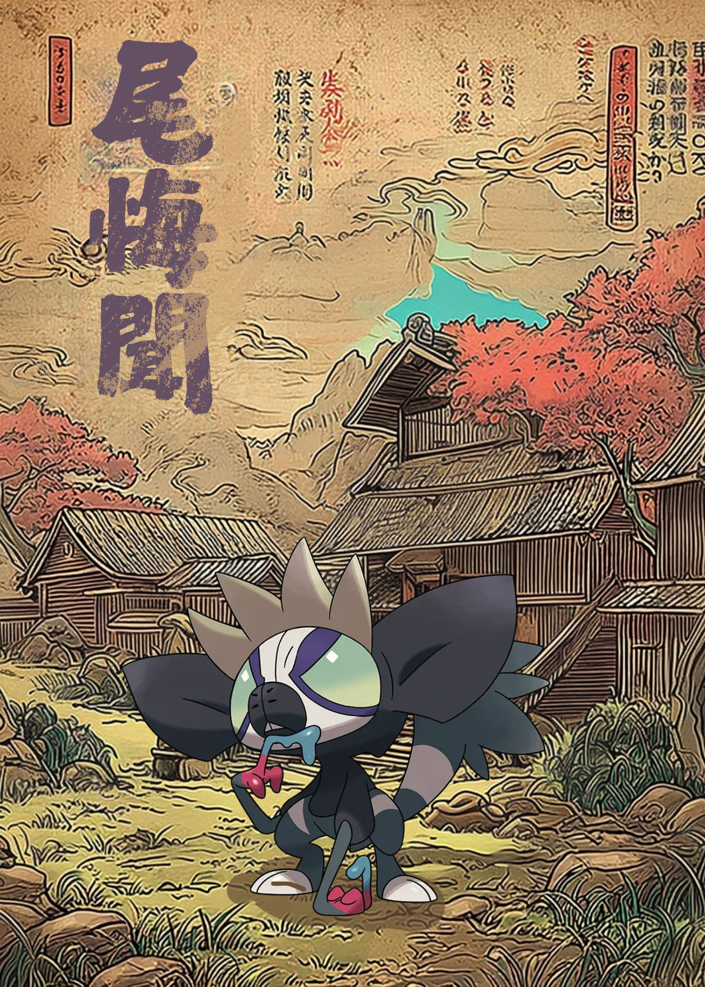 Grafaiai Pokemon character in a Japanese village setting with traditional architecture and autumn foliage.