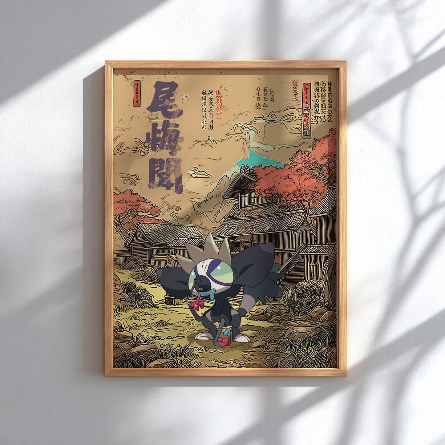 Framed artwork with a stylized Grafaiai Pokemon character in a traditional Japanese setting