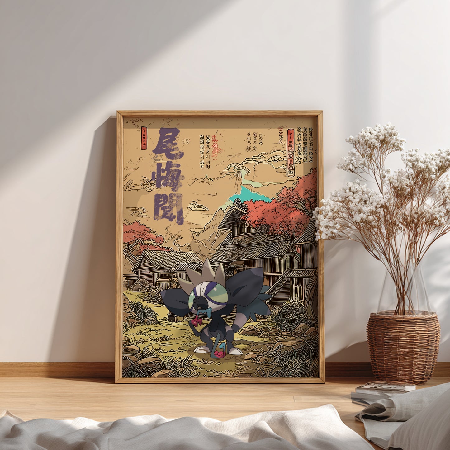 Framed artwork with a traditional Japanese scene and Grafaiai Pokemon character on a wall.