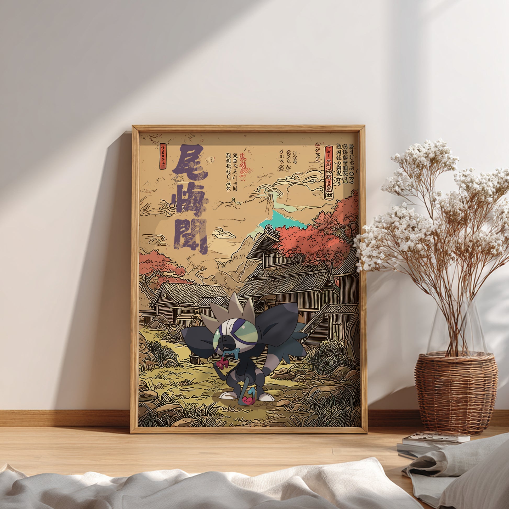 Framed artwork with a traditional Japanese scene and Grafaiai Pokemon character on a wall.