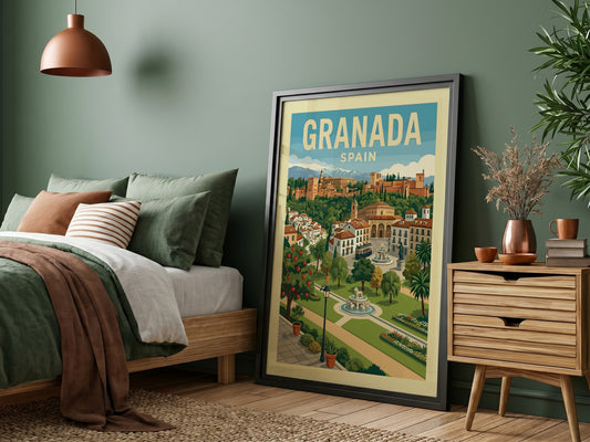 Vintage travel poster of Granada, Spain, featuring the Alhambra and cityscape in a retro style.