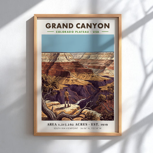 Poster of a hiker looking at the Grand Canyon with red rock layers