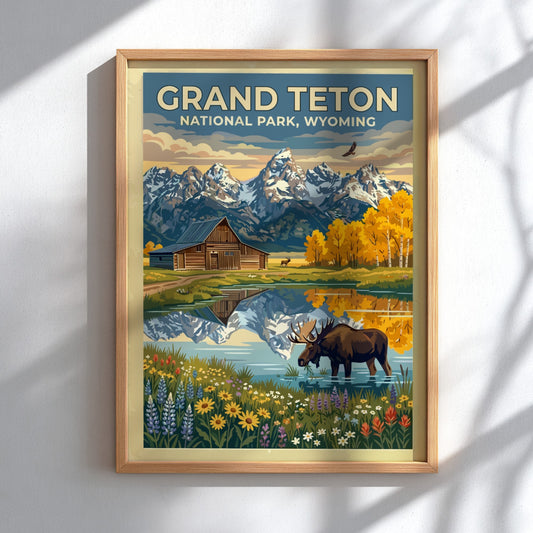 Travel poster of Grand Teton National Park featuring a moose, barn, and mountains.