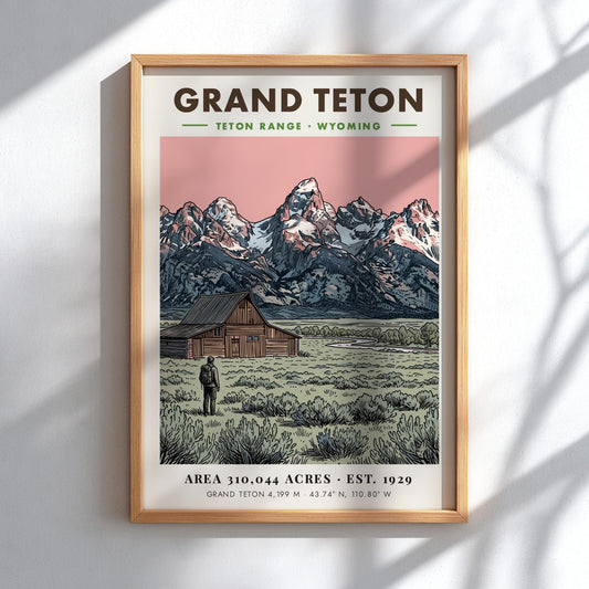 Poster featuring the Grand Teton mountain range, a wooden barn, and a hiker.