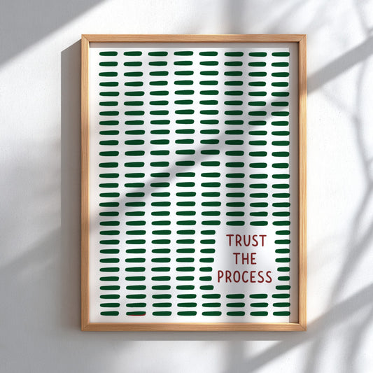 Motivational poster featuring the text Trust The Process with dark green dashed lines.
