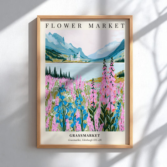 Floral art print featuring pink and blue wildflowers in a serene landscape