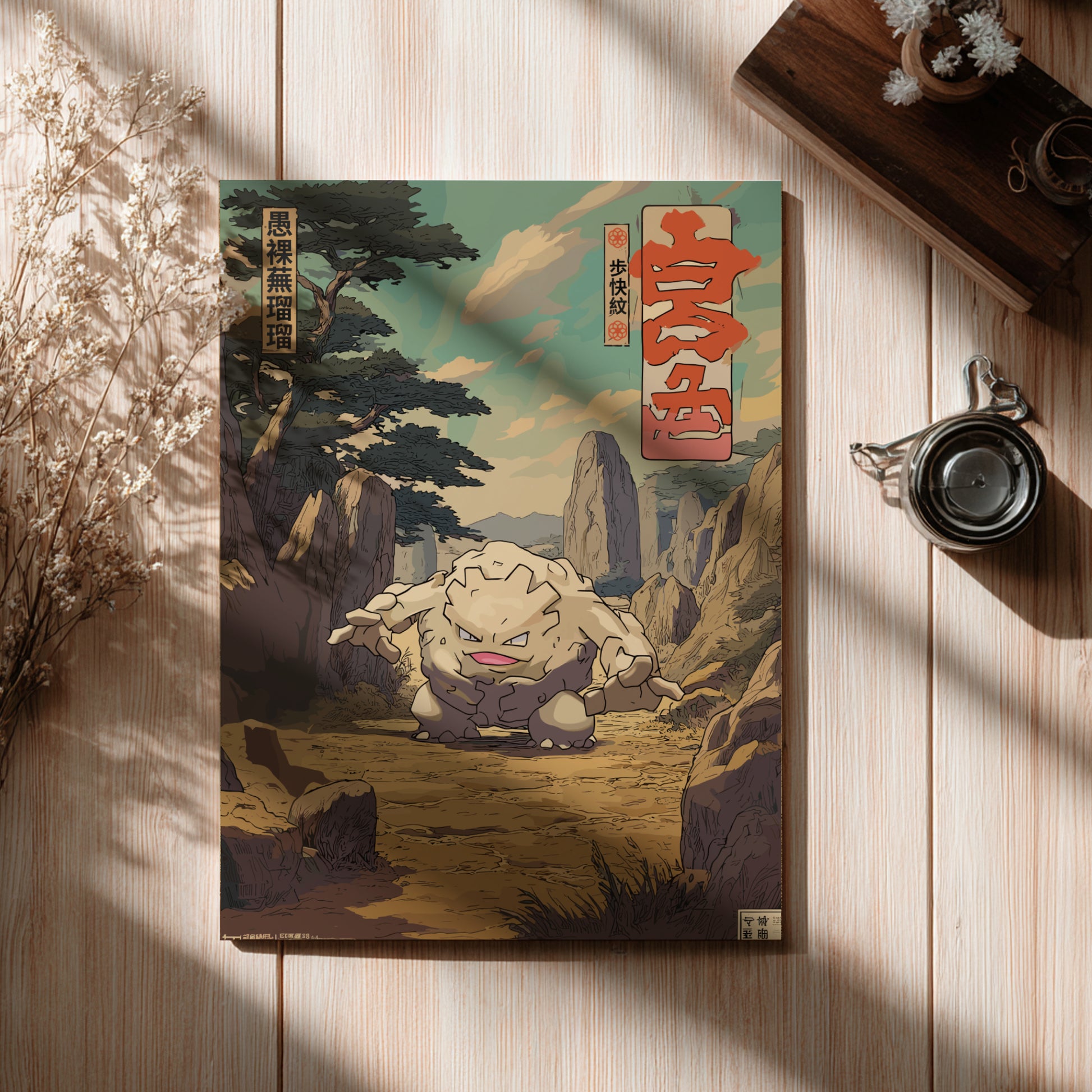 Poster with a cover featuring a stylized illustration of Graveler Pokemon on a wooden surface.