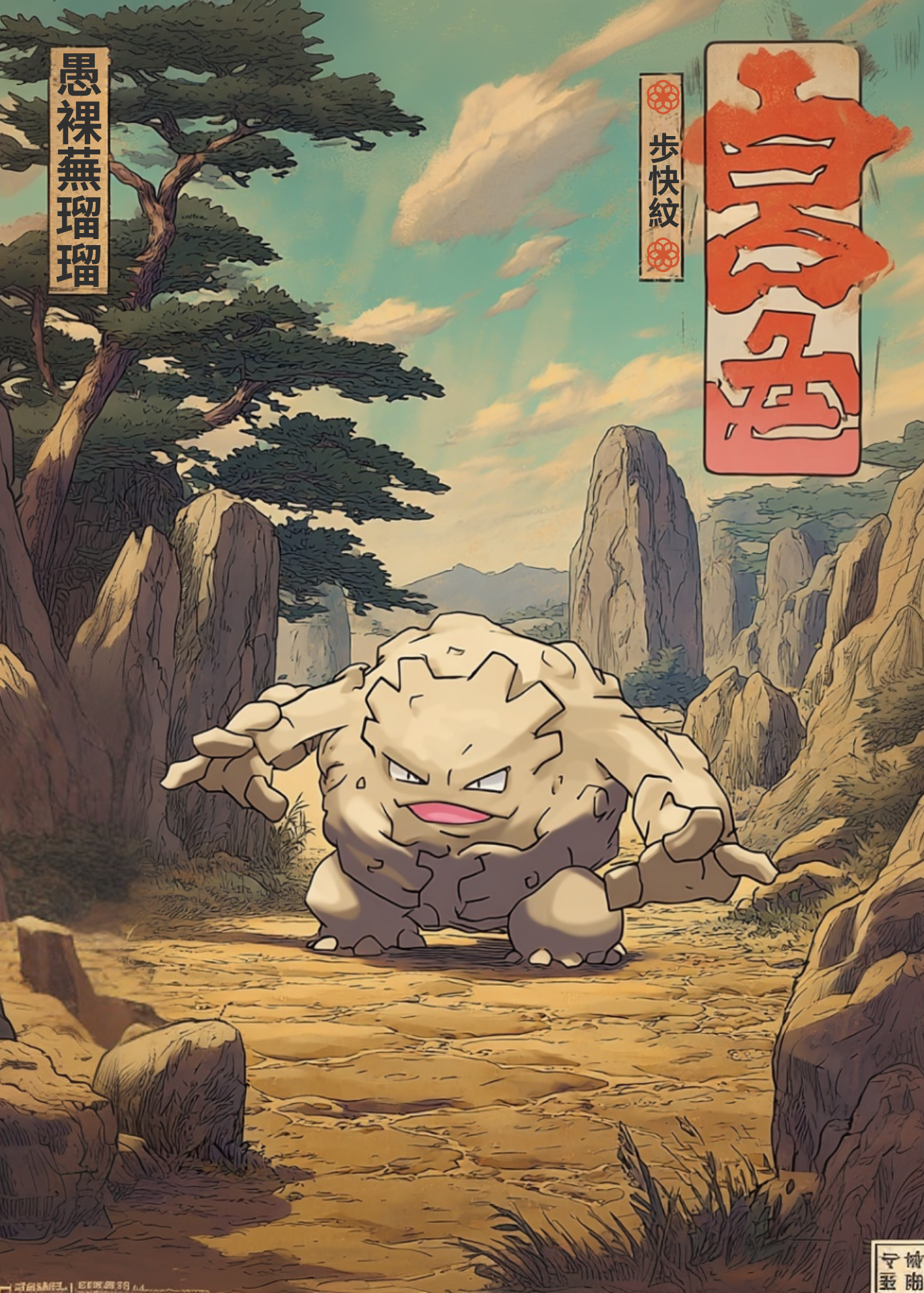 Graveler Pokemon creature in a forest with stylized text and graphics