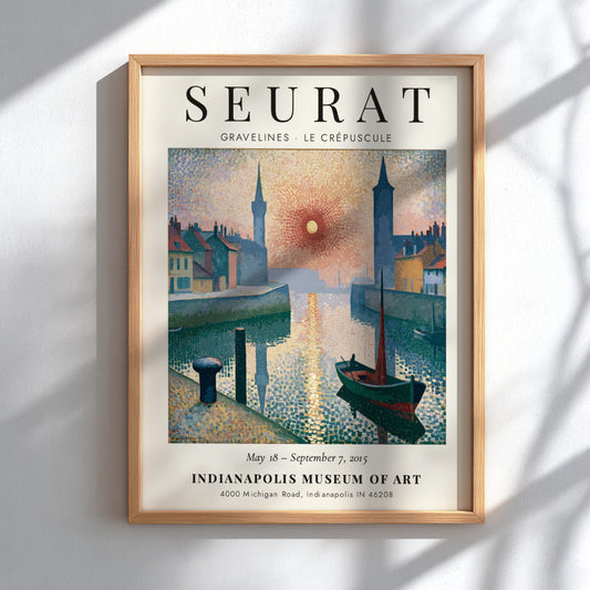 Seurat exhibition poster featuring Gravelines Le Crépuscule with vibrant colors and serene waterfront scene