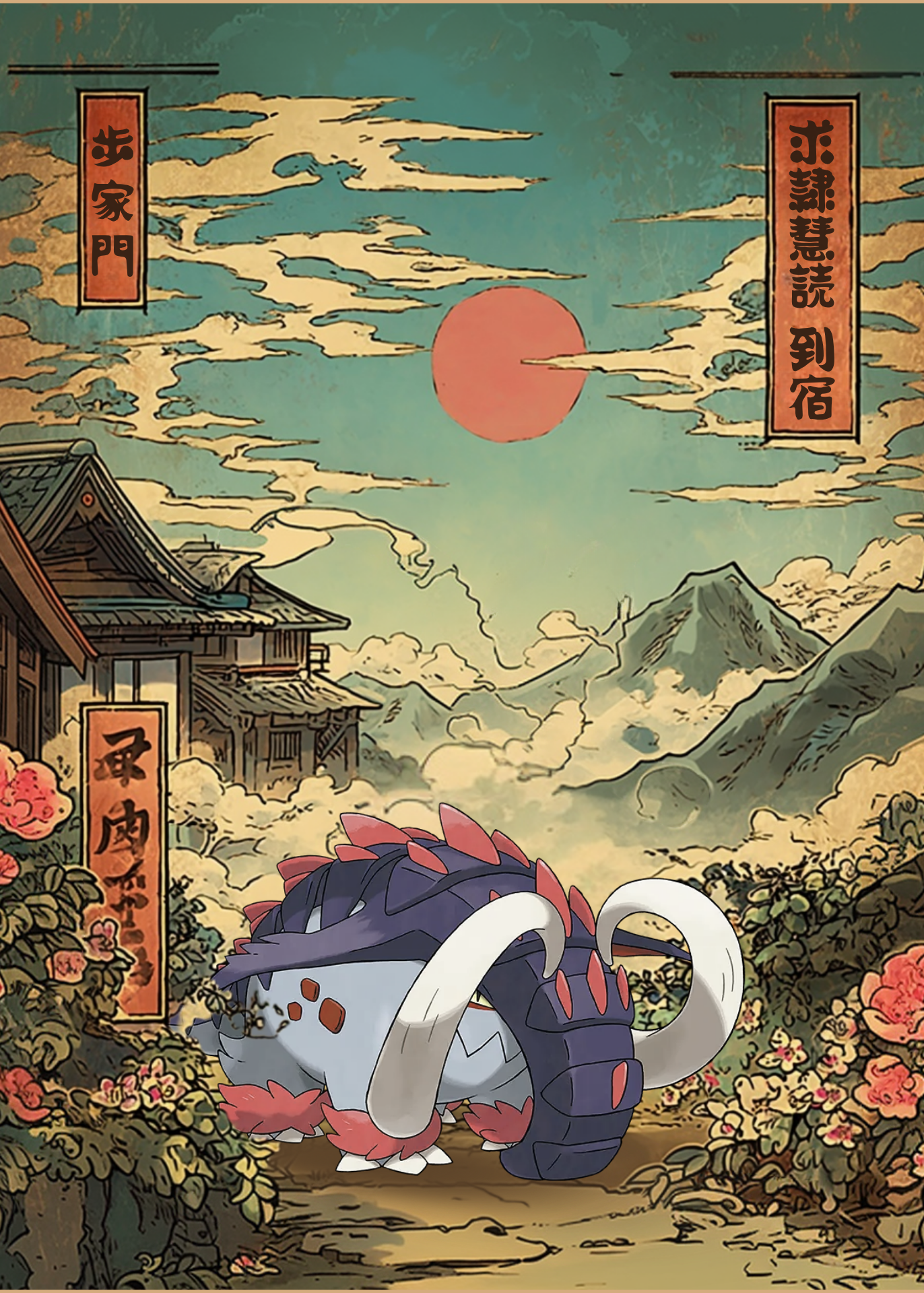 Great Tusk Pokemon character in a traditional Japanese setting with mountains and a large sun.