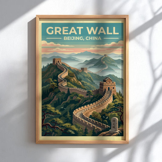 Great Wall travel poster featuring vintage landscape art with warm tones and lush mountains