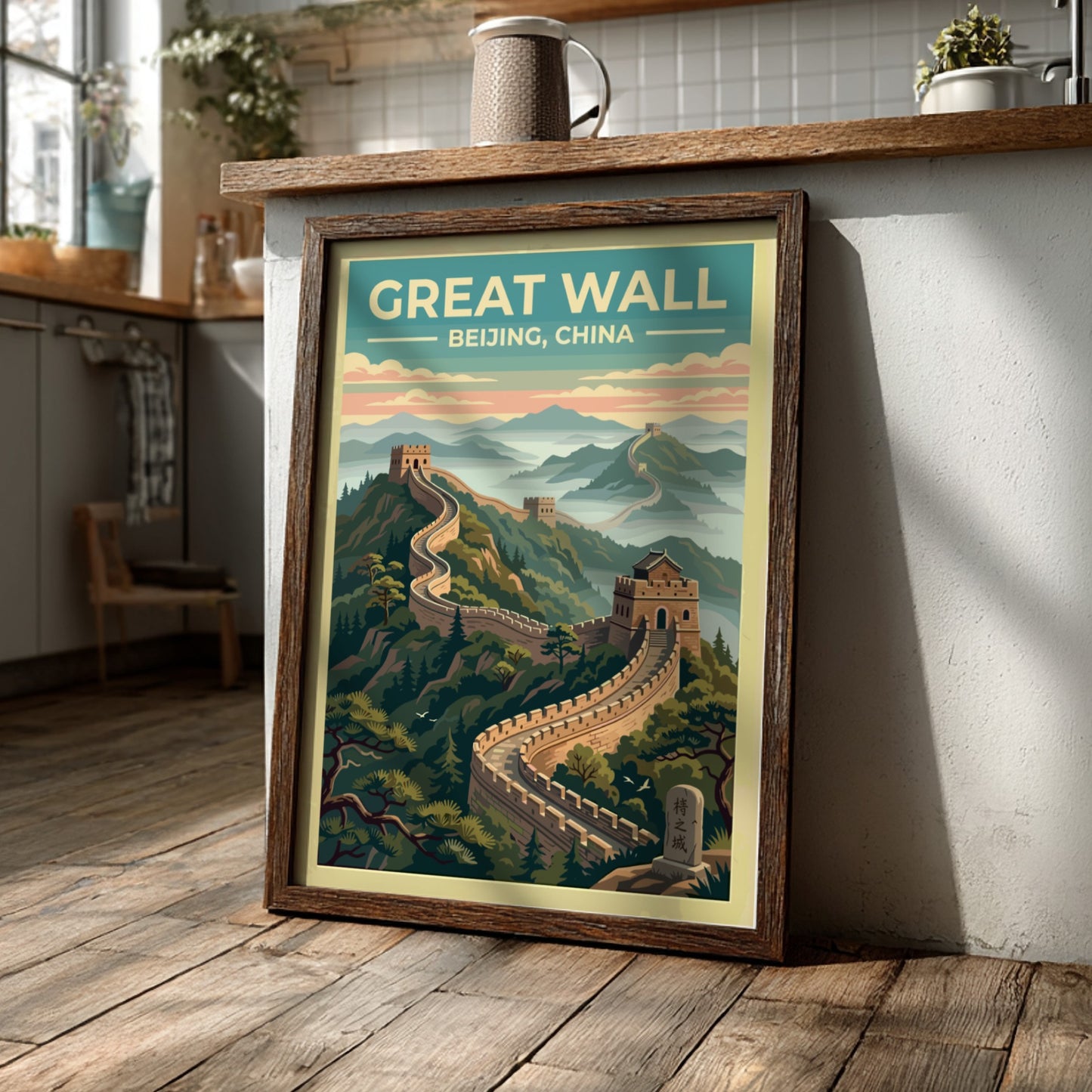 Great Wall travel poster featuring vintage landscape art with warm tones and lush mountains