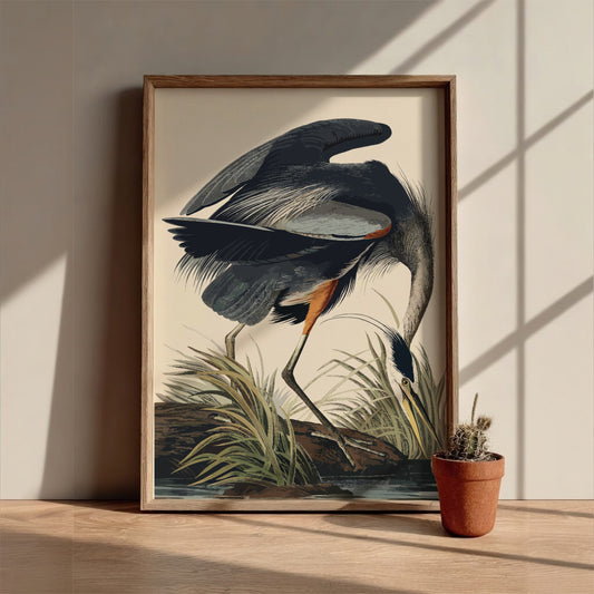 Great Blue Heron poster featuring detailed bird illustration in natural colors, perfect for nature art lovers.