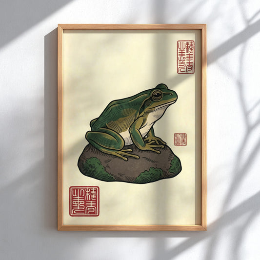Green Frog Rock Poster featuring a frog on a mossy rock in Japanese art style