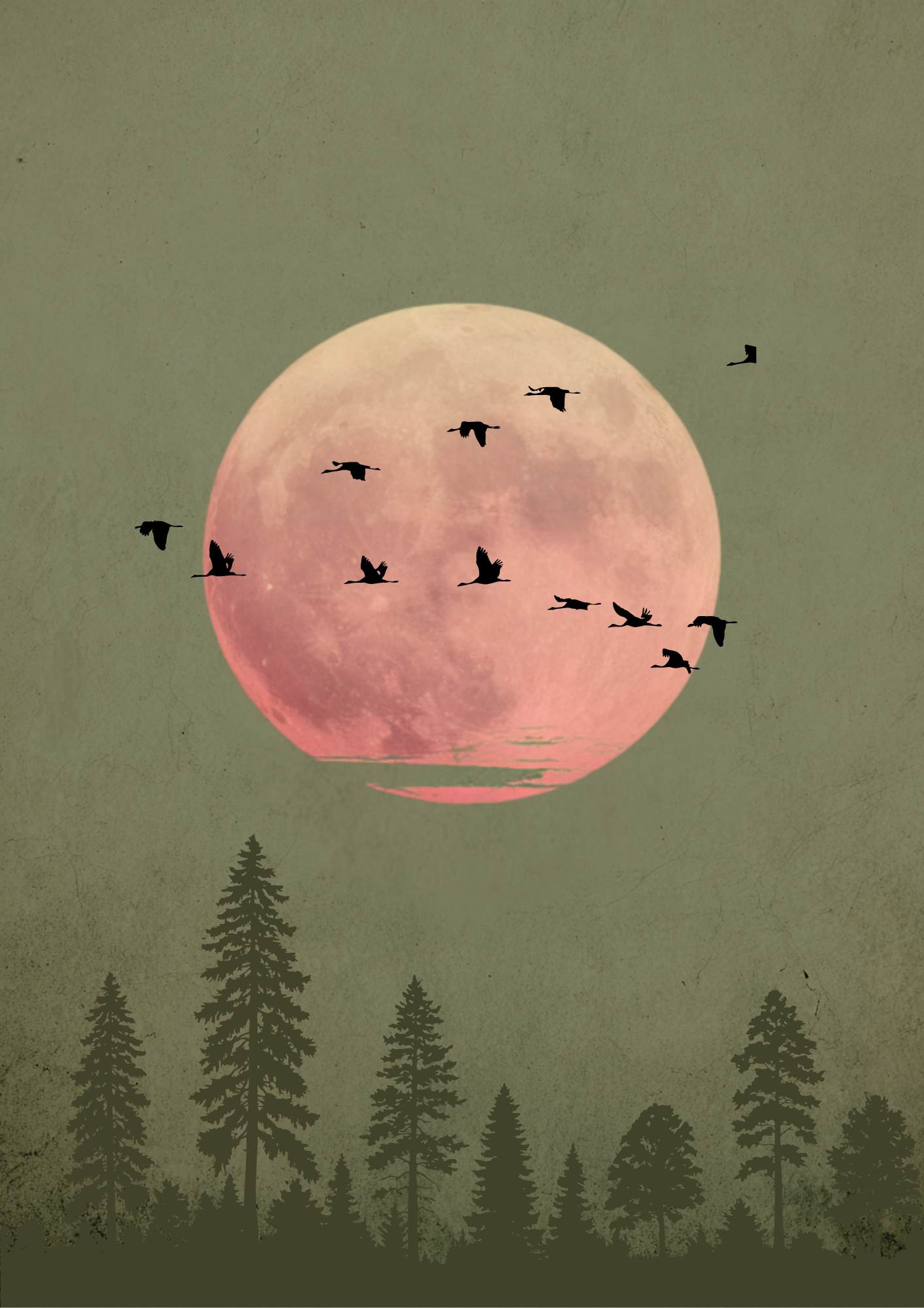 Green Moon Forest Print – Minimalist Nature Wall Art