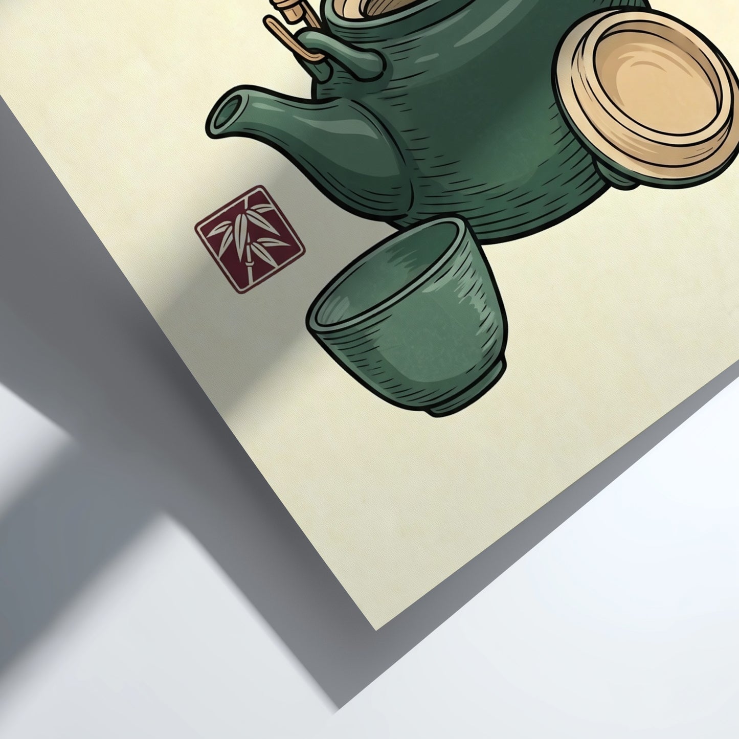 Green Tea Set Poster featuring a teapot and cup in Japanese art style with green hues and steam
