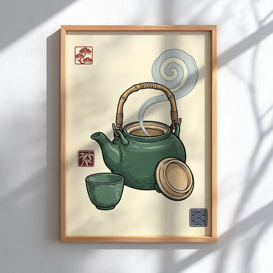 Green Tea Set Poster featuring a teapot and cup in Japanese art style with green hues and steam