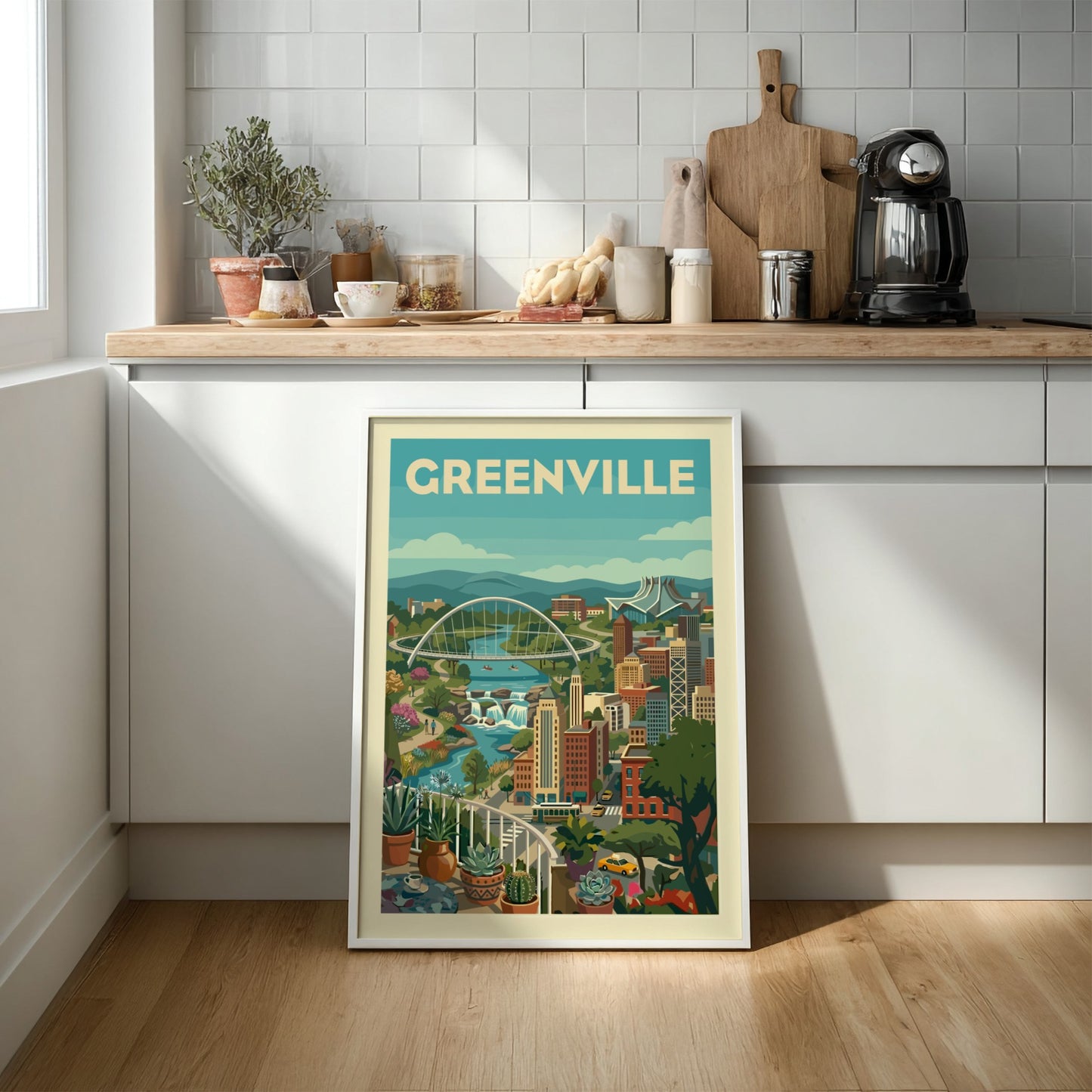 Greenville cityscape illustration poster with Liberty Bridge, Reedy River, and buildings in a retro style.