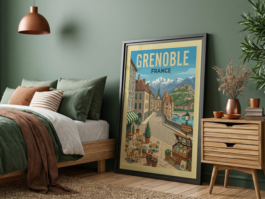 Vintage travel poster of Grenoble, France, featuring a street scene with mountains and architecture.