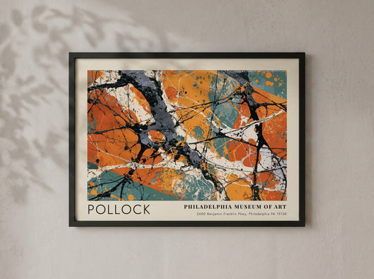 Wall art poster featuring Jackson Pollock Greyed Rainbow abstract painting with orange and grey.