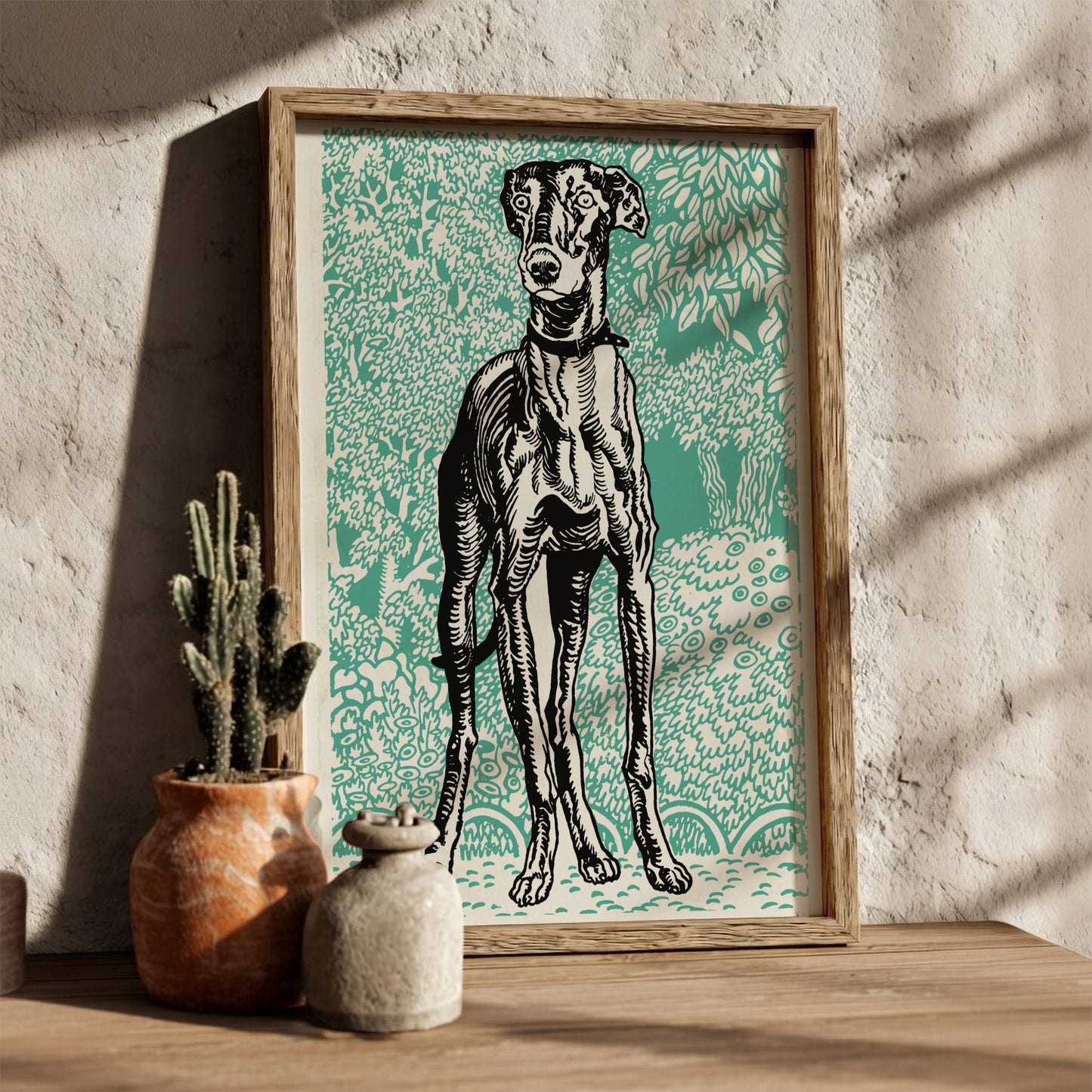 Vintage poster of Moriz Jung's Greyhound 2 drawing in black and white with teal background.