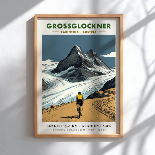 Poster of a cyclist riding up the Grossglockner climb in the Austrian Alps.