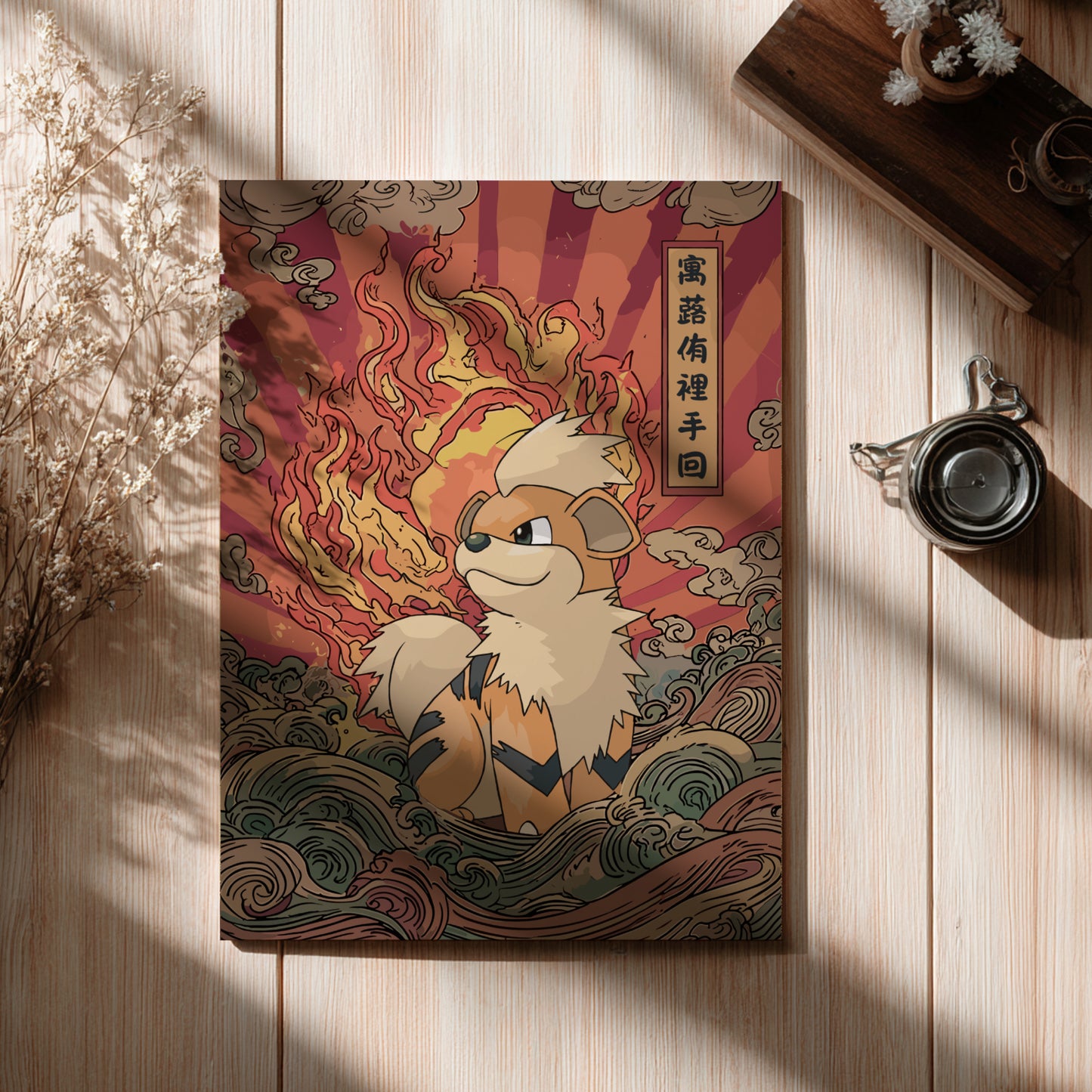 Growlite Pokemon character on a poster cover with decorative elements on a wooden surface