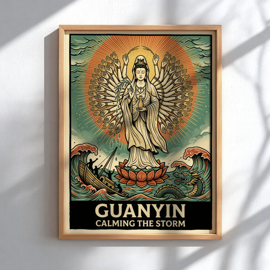 Poster of Guanyin with many arms calming a stormy sea with a dragon