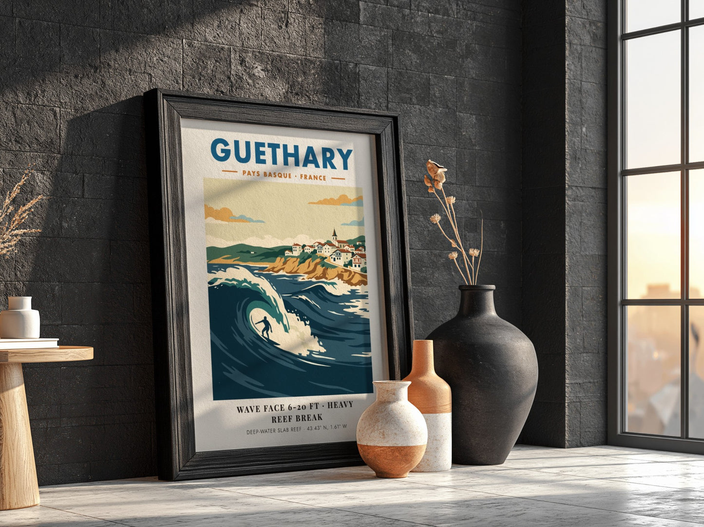 Guethary surf poster featuring a large blue wave and Basque village on cliffs.